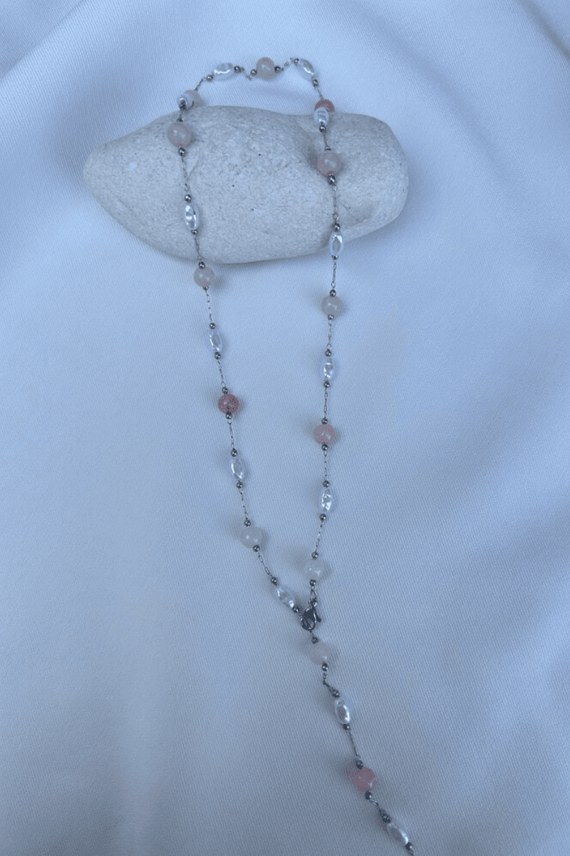 İnci ve Pembe Taş Detaylı Y Kolye (silver)