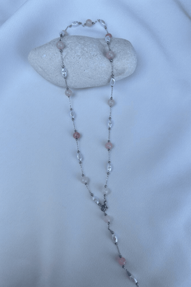 İnci ve Pembe Taş Detaylı Y Kolye (silver)