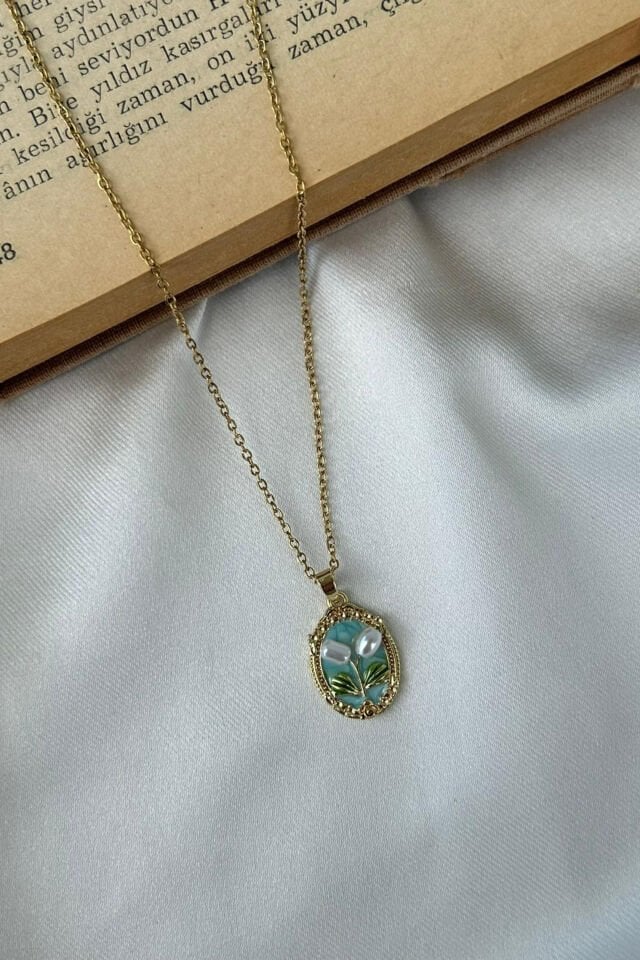 İnci Lale Desenli Mavi Plaka Sanat Kolye