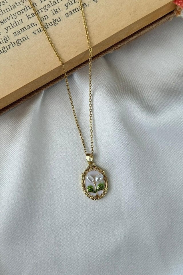 İnci Lale Desenli Sanat Kolye