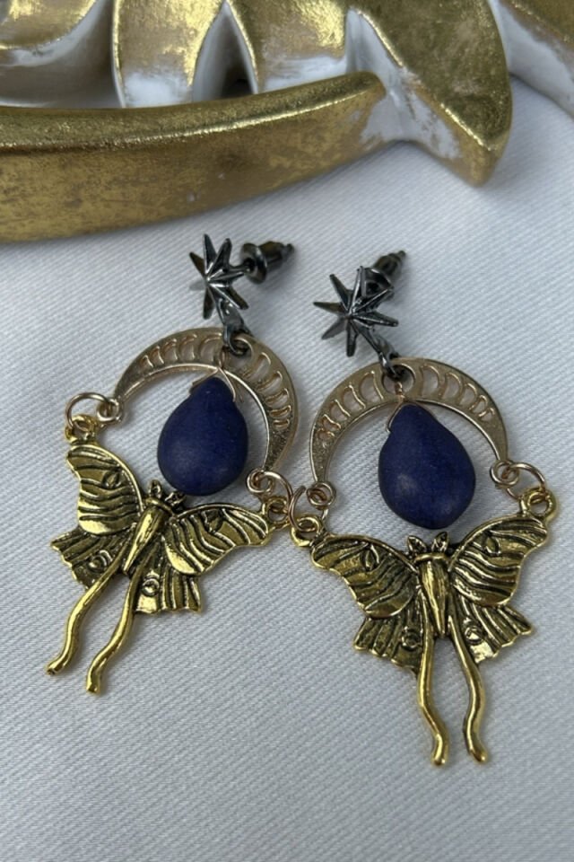 Mavi Taş Kelebek Model Tasarım Küpe