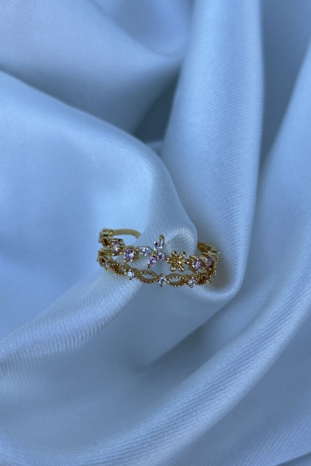 Pembe Taş Kelebek Detaylı İkili Görünüm Yüzük