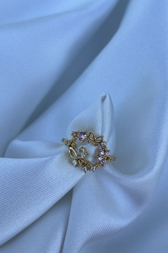 Kelebek Detaylı Pembe Taş Detaylı Tasarım Yüzük