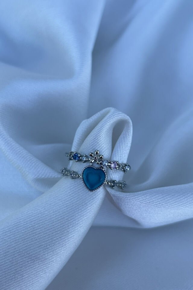 Mavi Kalp Detaylı İkili Görünüm Yüzük (silver)