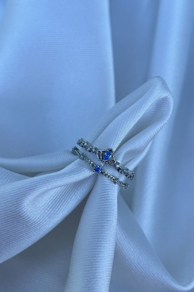 Mavi Taş Detaylı Taç Model Yüzük (silver)