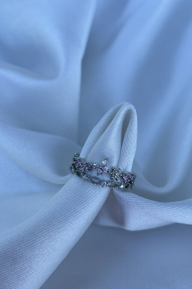 Pembe Kristal Taş Detaylı Tasarım Model yüzük (silver)