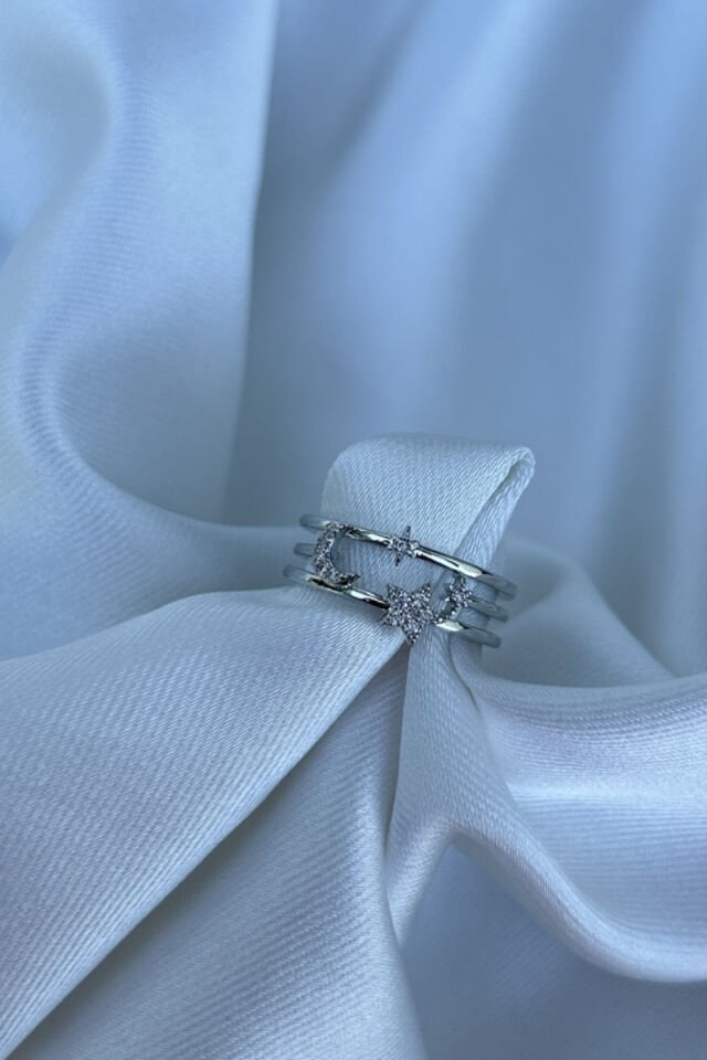 Ay ve Yıldız Detaylı Tasarım Model Yüzük (silver)