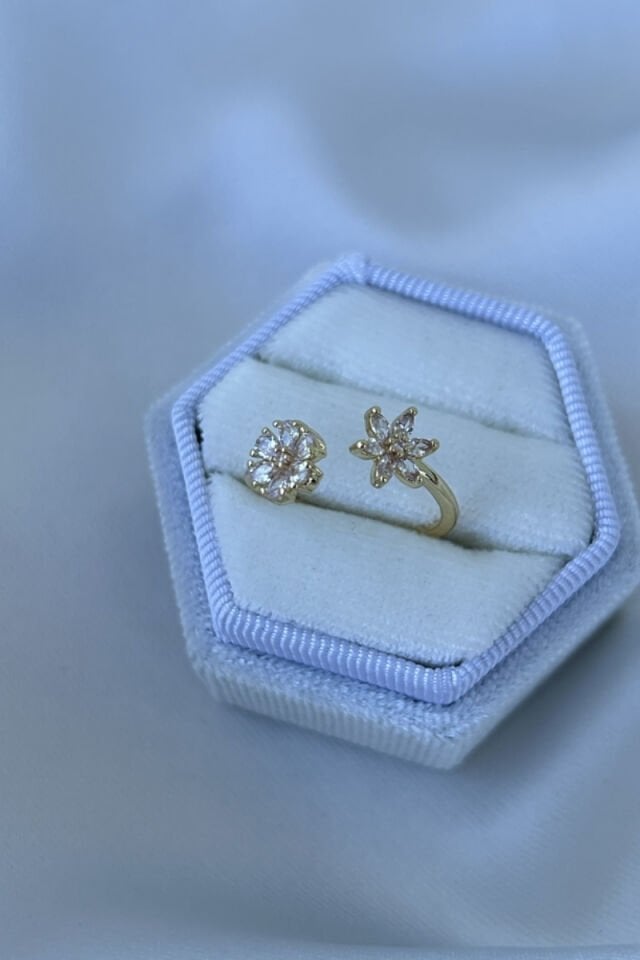 İkili Kristal Taş Çiçek Model Tasarım Yüzük