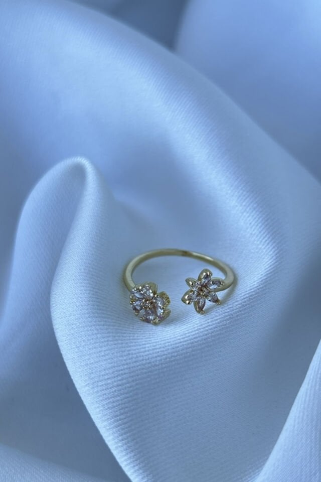 İkili Kristal Taş Çiçek Model Tasarım Yüzük