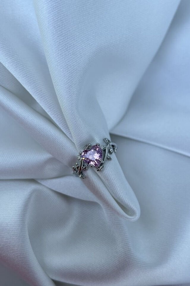 Pembe Büyük Kalp Dal Model Yüzük (silver)