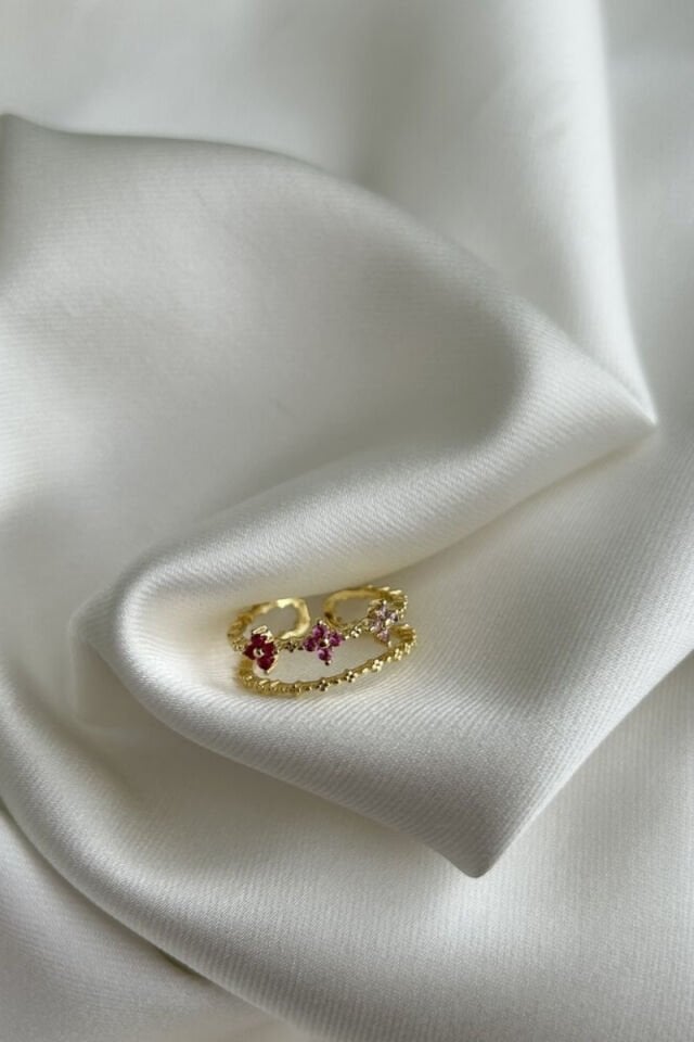 Pembe Çiçek Detaylı İkili Yüzük