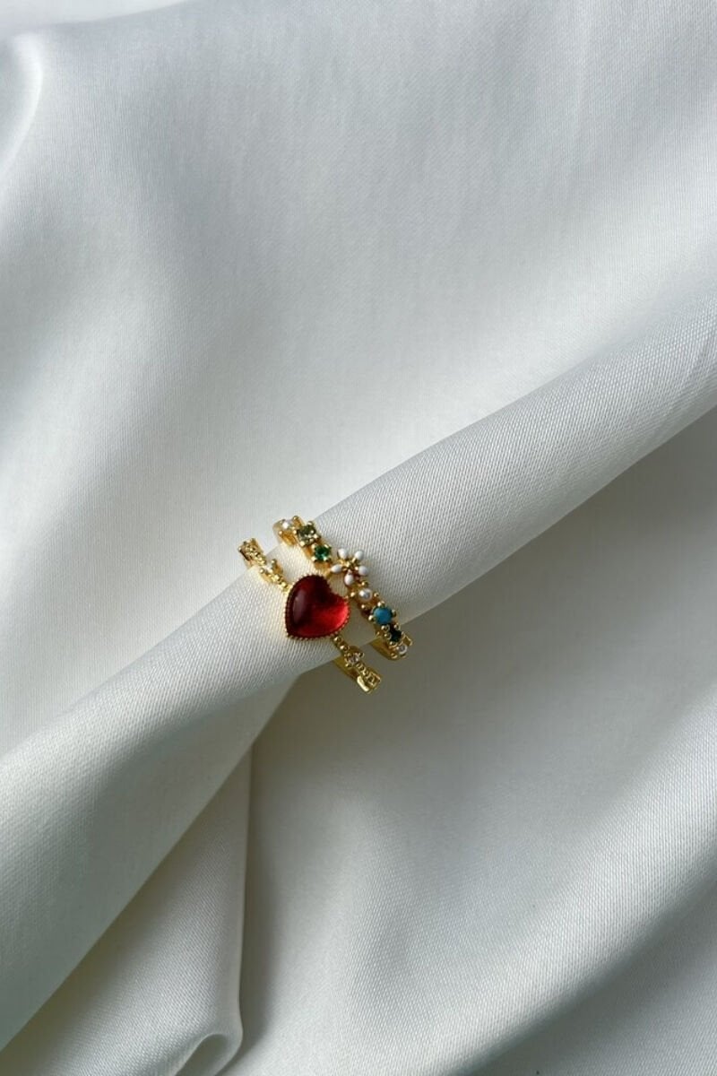 Kırmızı Kalp Detaylı İkili Yüzük