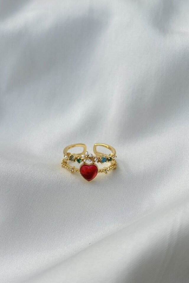 Kırmızı Kalp Detaylı İkili Yüzük