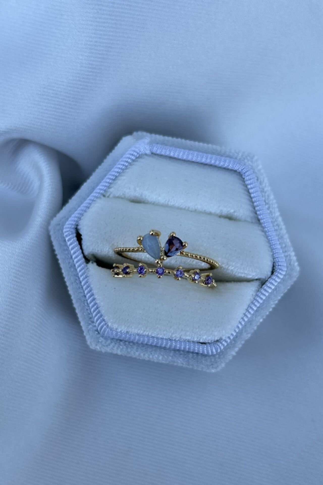 Mor Kalp Detaylı İkili Görünüm Tasarım Yüzük