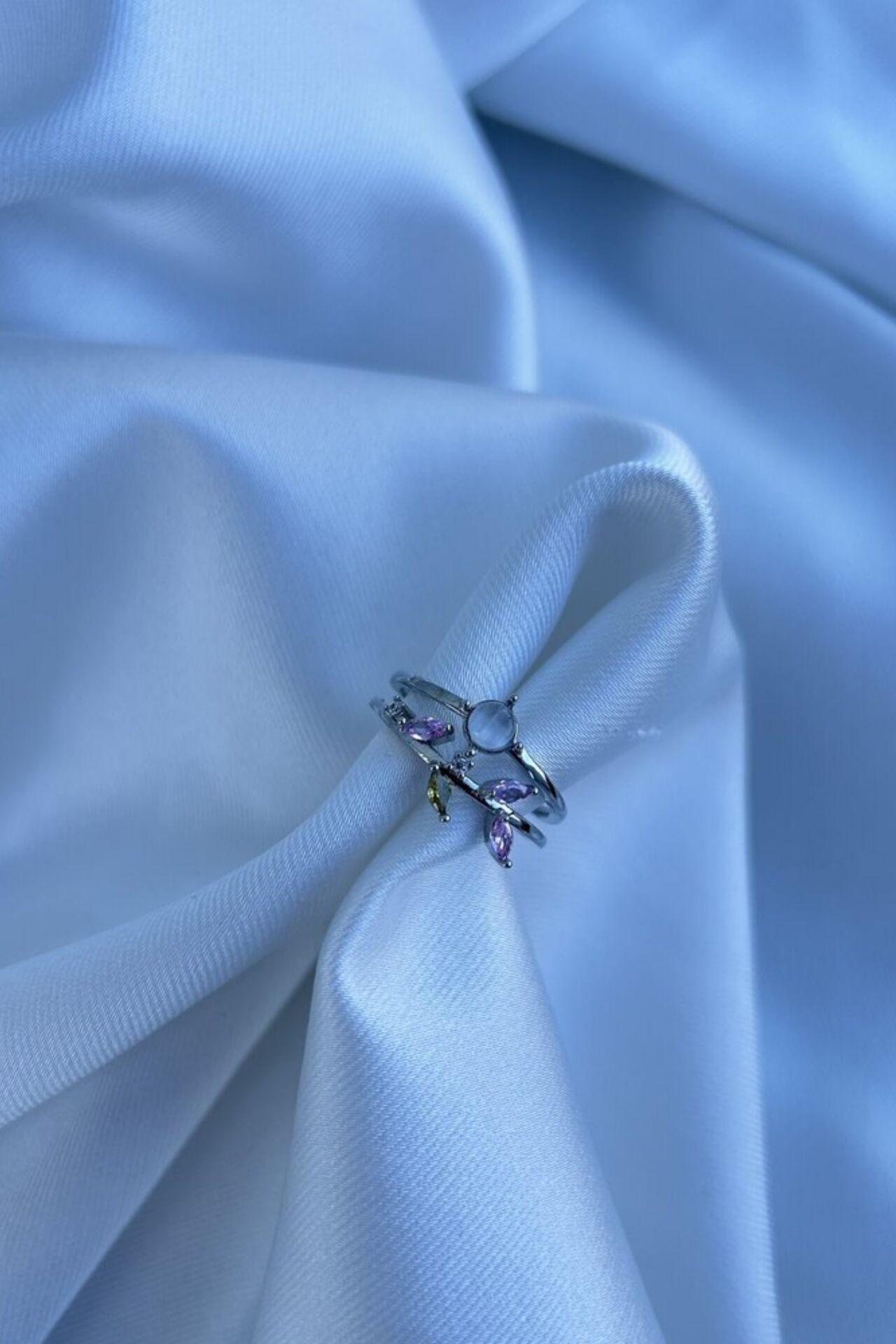 Renkli Yaprak Detaylı İkili Yüzük (silver)