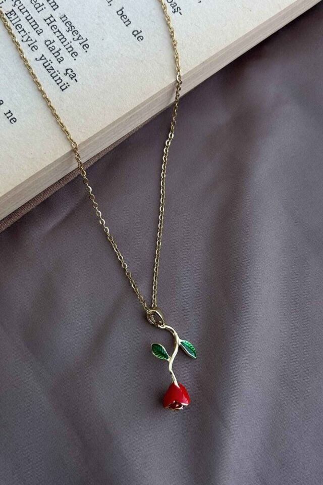 Kırmızı Gül Detaylı Kolye