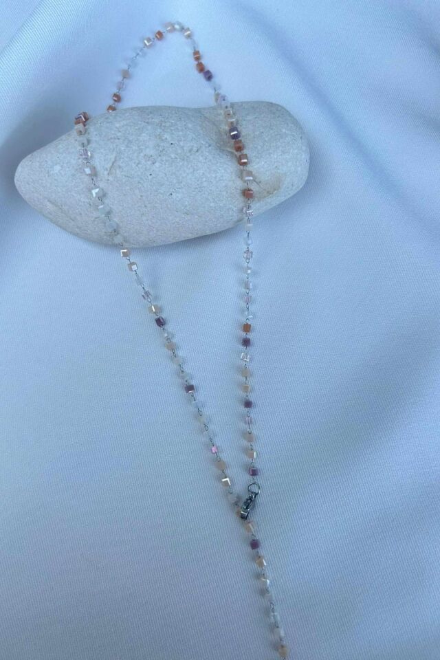 Minimal Pembe Kare Taş Y Model Kolye (silver)