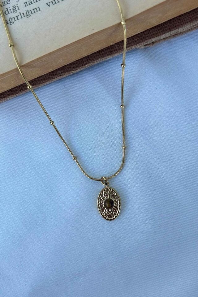 Kehribar Taş Minimal Model Vintage  Kolye