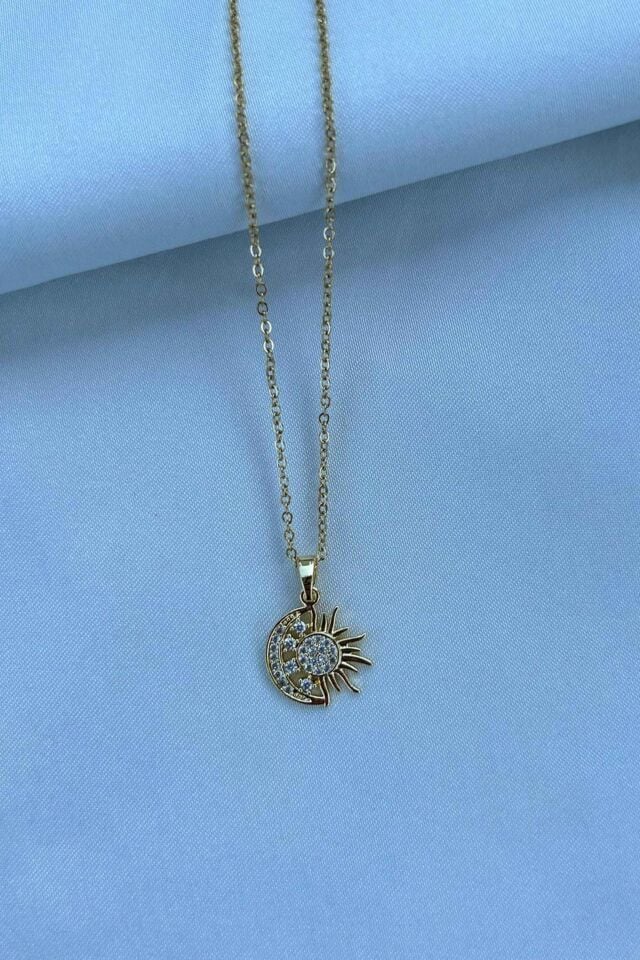 Ay ve Güneş Detaylı Kolye (gold)