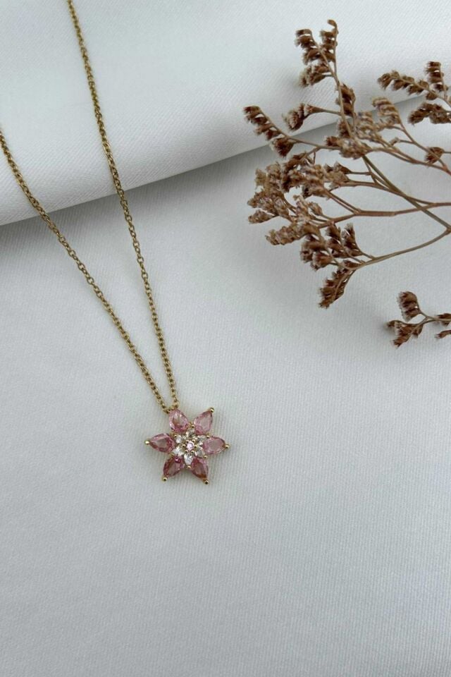 Pembe Kristal Çiçek Kolye