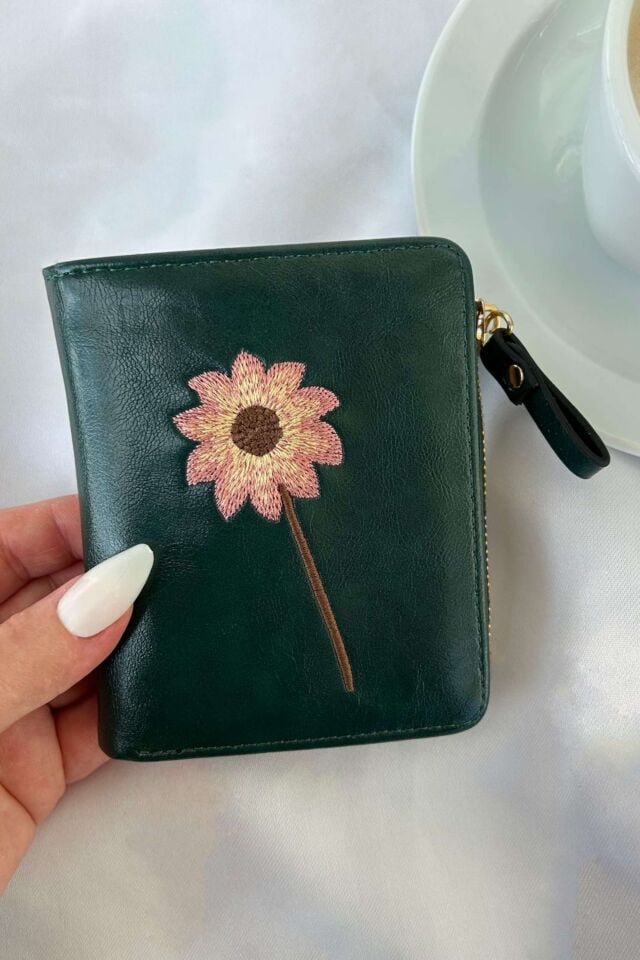 Vintage Yeşil çiçek desenli deri cüzdan