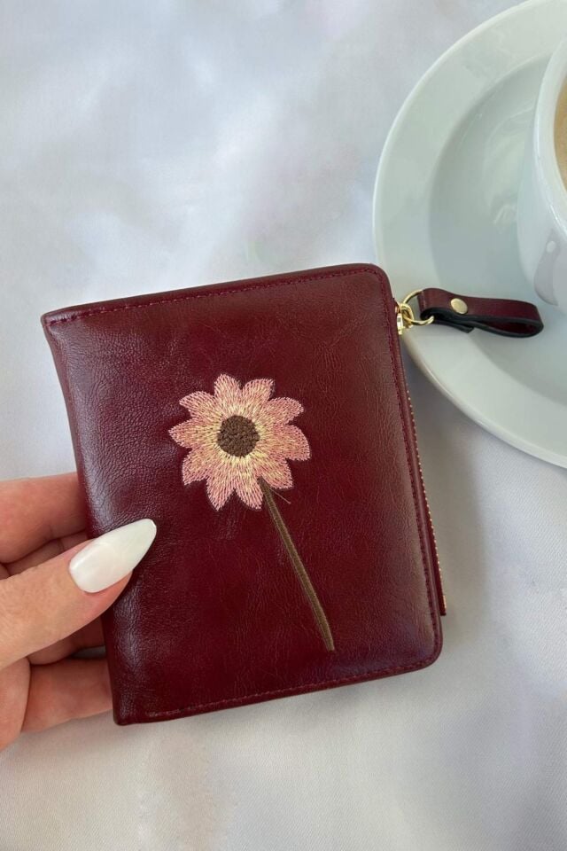 Vintage kırmızı çiçek desenli deri cüzdan