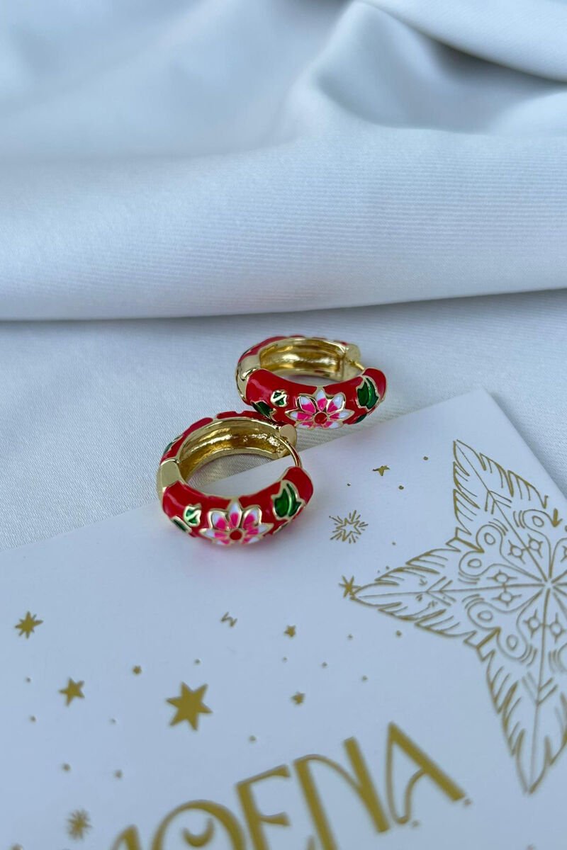Çiçek Detaylı Kırmızı Halka Küpe