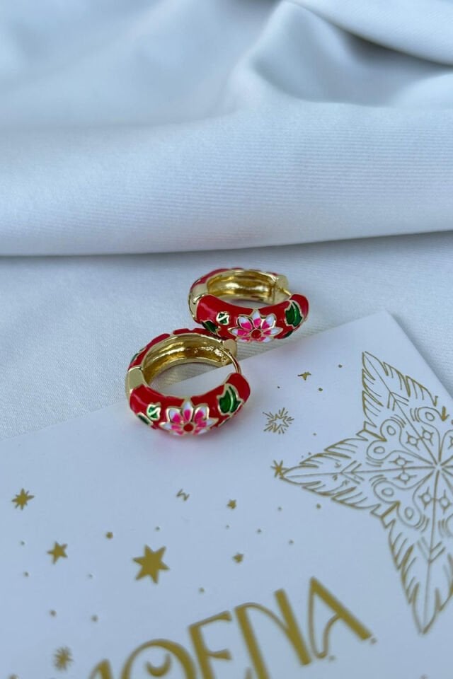 Çiçek Detaylı Kırmızı Halka Küpe