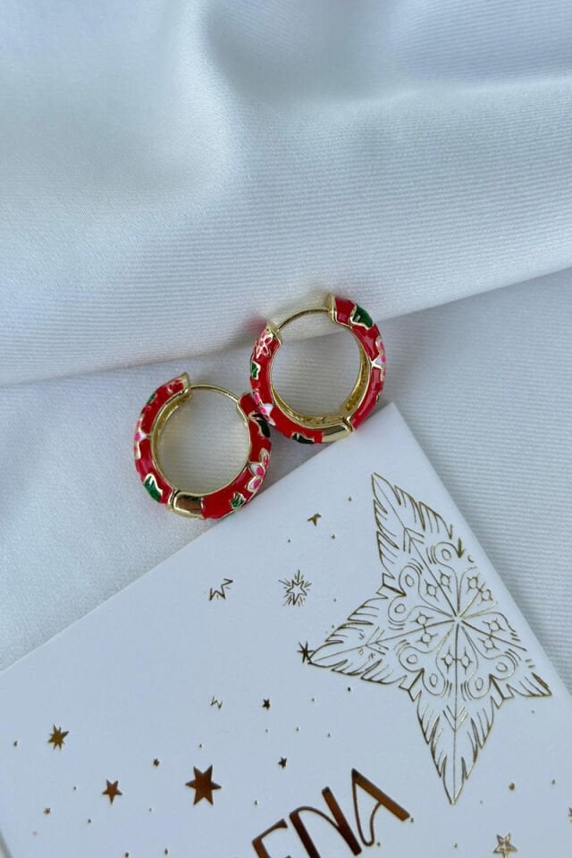 Çiçek Detaylı Kırmızı Halka Küpe