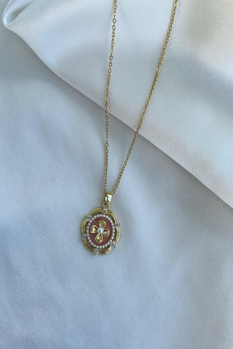 İnci Detaylı Pembe Plaka Vintage Model Kolye