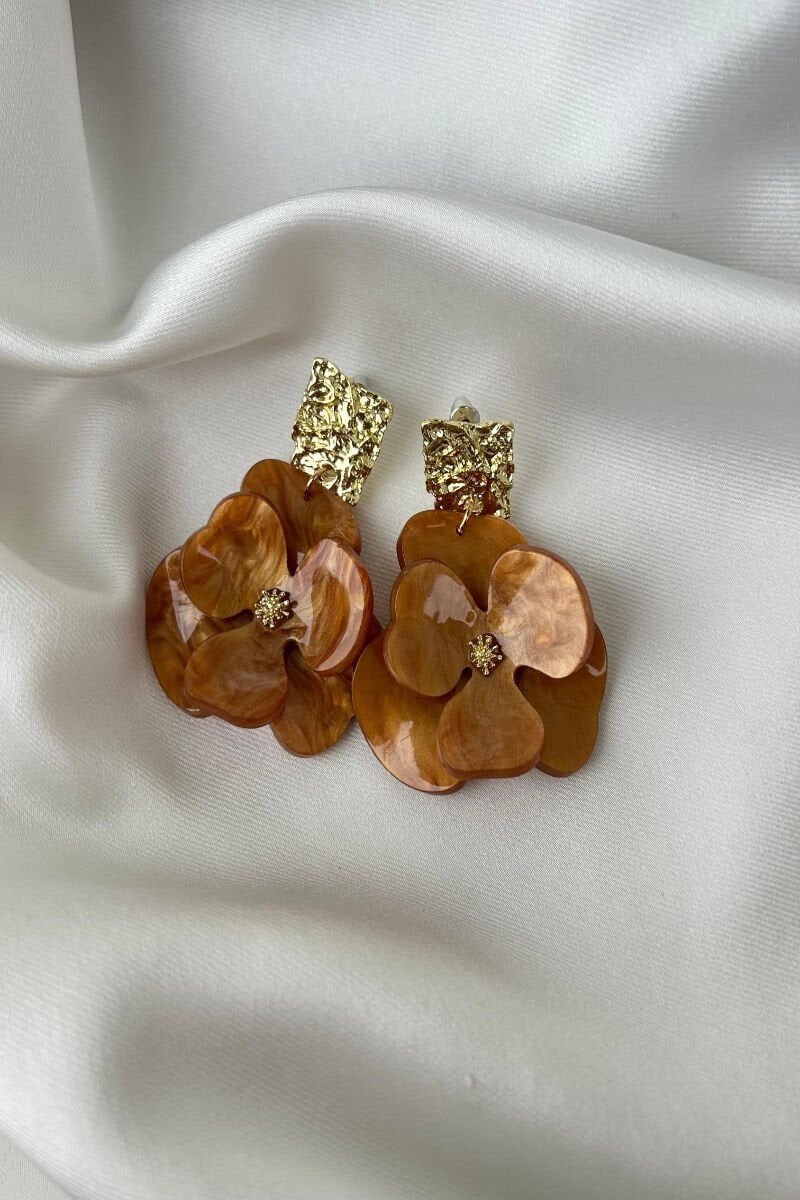 Kahverengi Mermer Desenli Çiçek Model Küpe