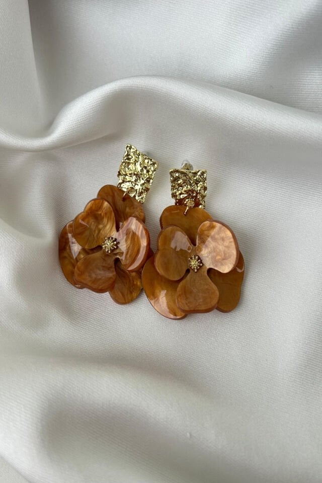 Kahverengi Mermer Desenli Çiçek Model Küpe