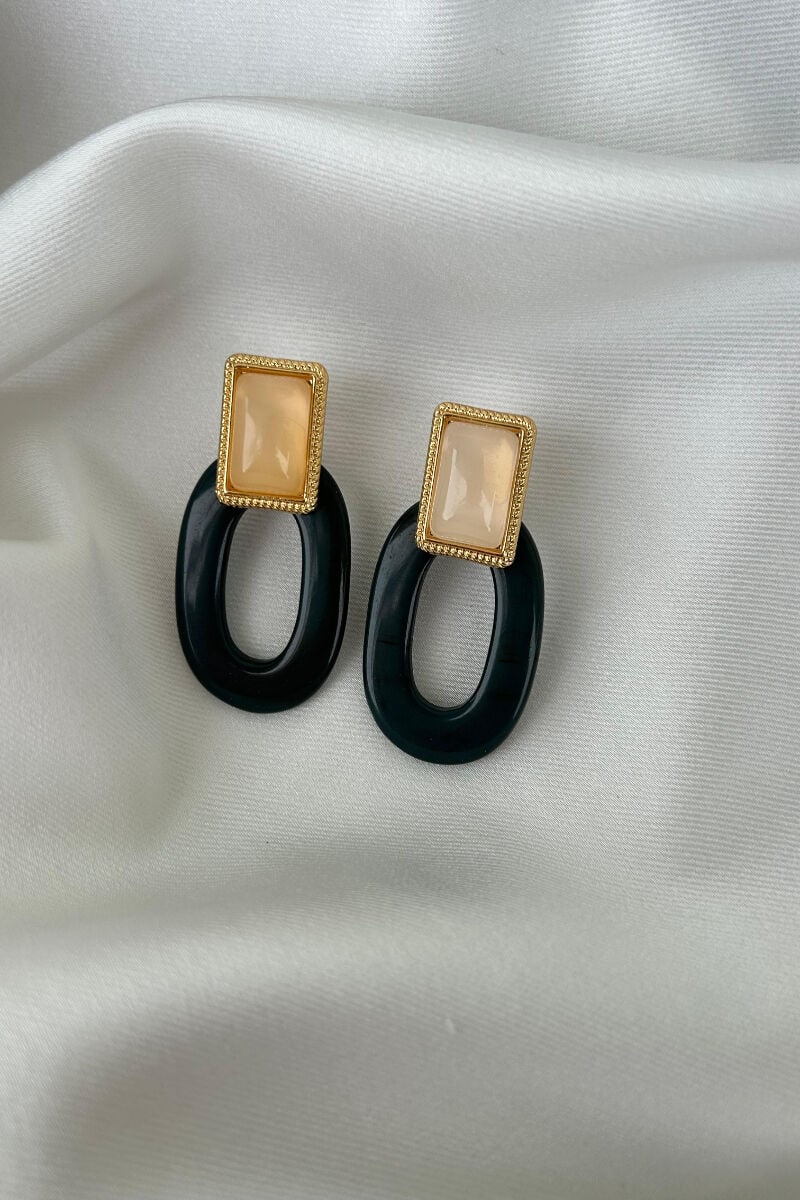 Ay Taşı Detaylı Yeşil Oval Model Tasarım Küpe