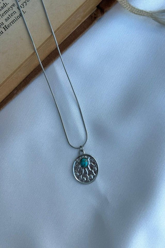 Mavi Taş Detaylı Oval Plaka Kolye (silver)