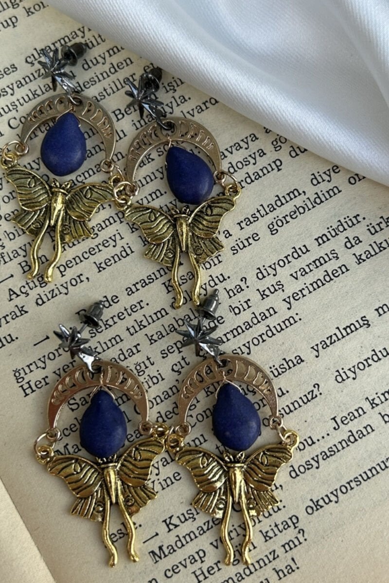 Mavi Taş Kelebek Model Tasarım Küpe