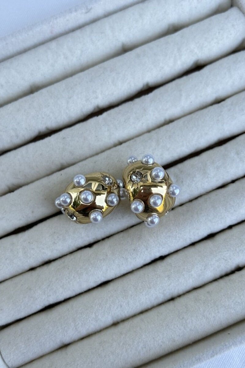 Kristal Taş Detaylı İnci Taneli Tasarım Küpe