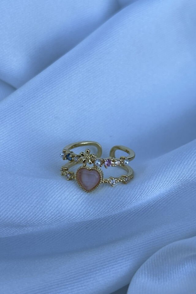 Pembe Kalp Detaylı İkili Görünüm Yüzük