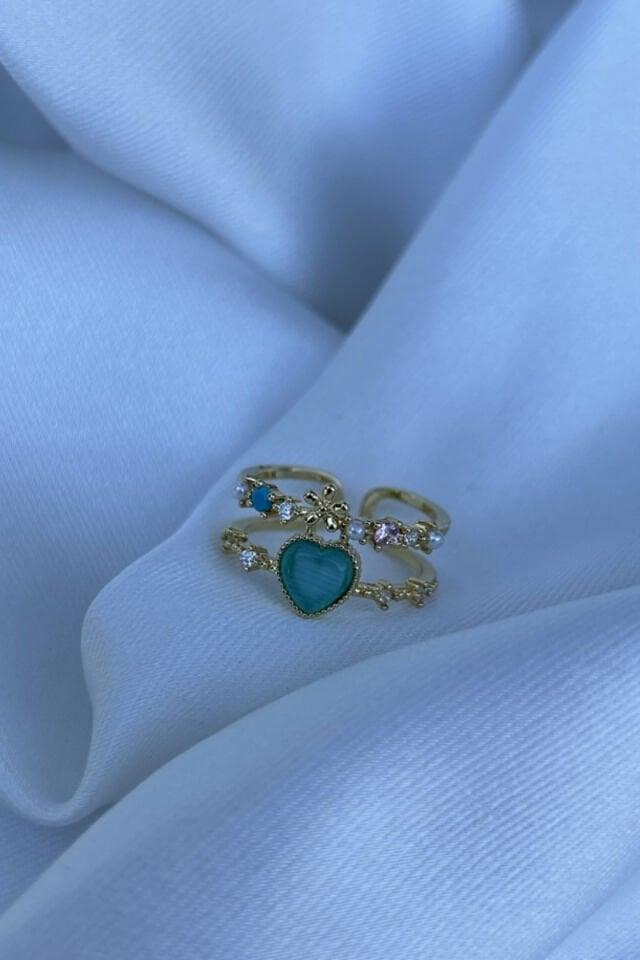 Mavi Kalp Detaylı İkili Görünüm Yüzük