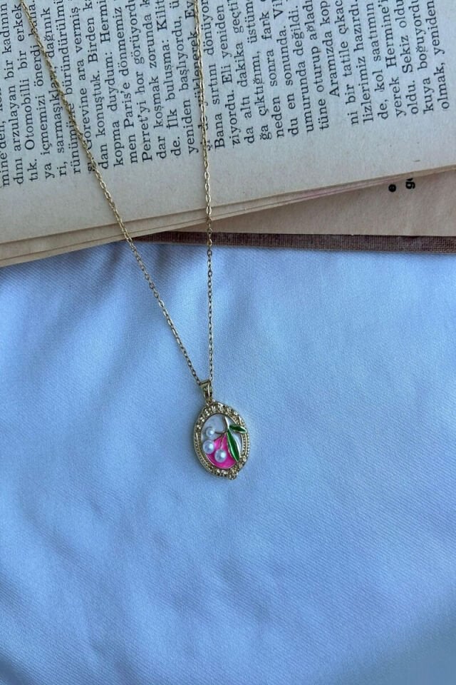 İnci Detaylı Pembe Sanat Kolye