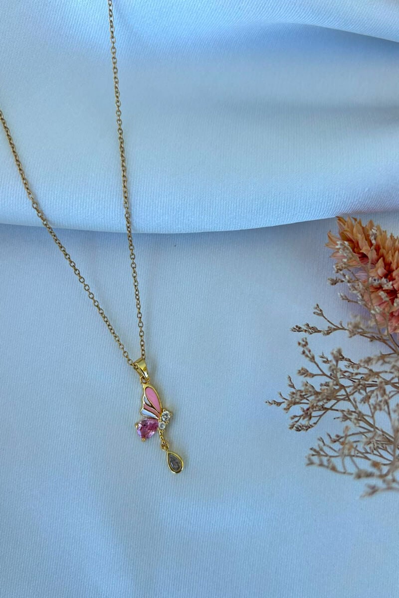Pembe Taş Sarkıntılı Model Kelebek Kolye