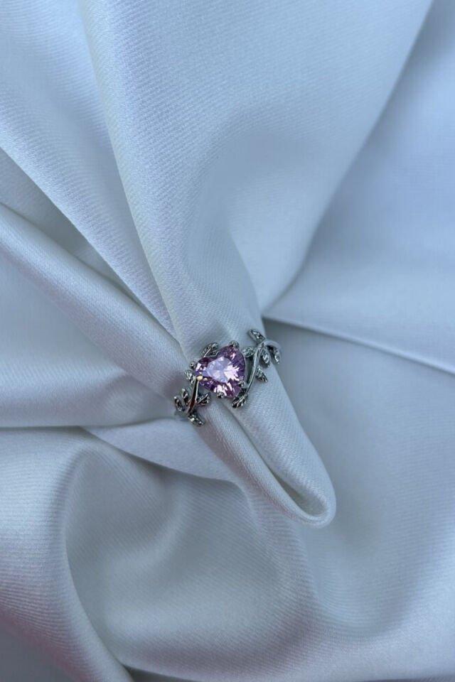 Pembe Büyük Kalp Dal Model Yüzük (silver)