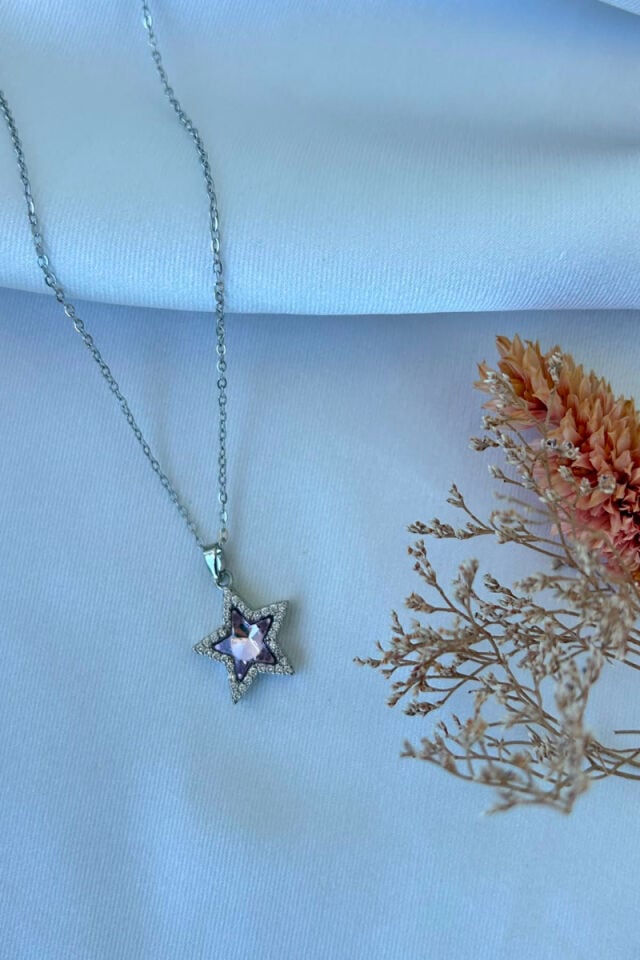 Parlak Pembe Taş Yıldız Model Kolye(silver)