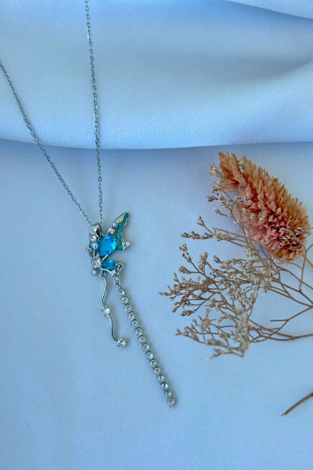 Mavi Sarkıntılı Model Kelebek Kolye(silver)