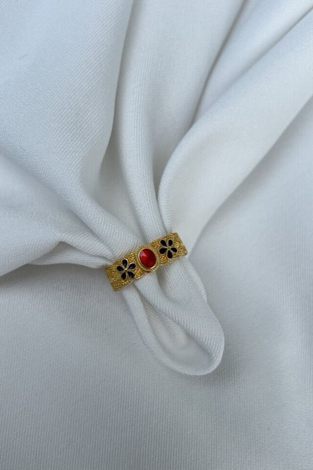 Kırmızı Taş Çiçek Detaylı Vintage Yüzük