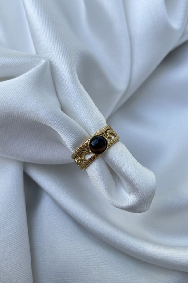 Kehribar Taş Ay ve Yıldız Tasarım Yüzük