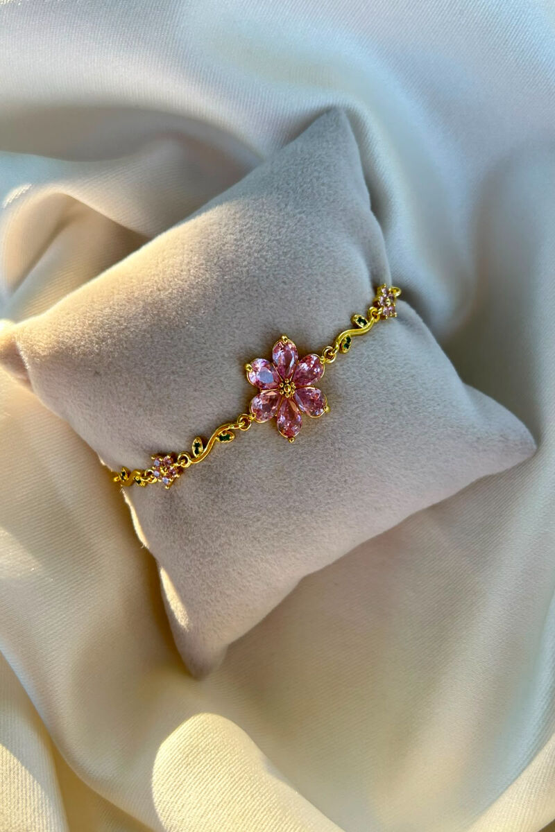 Pembe Kristal Taş Tasarım Model Çiçek Bileklik