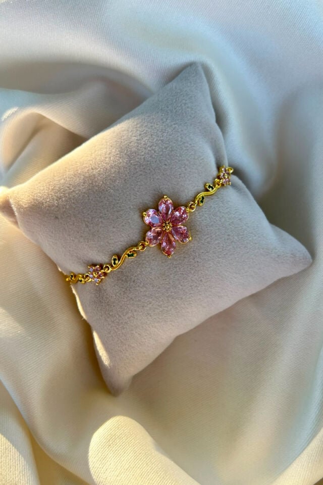 Pembe Kristal Taş Tasarım Model Çiçek Bileklik