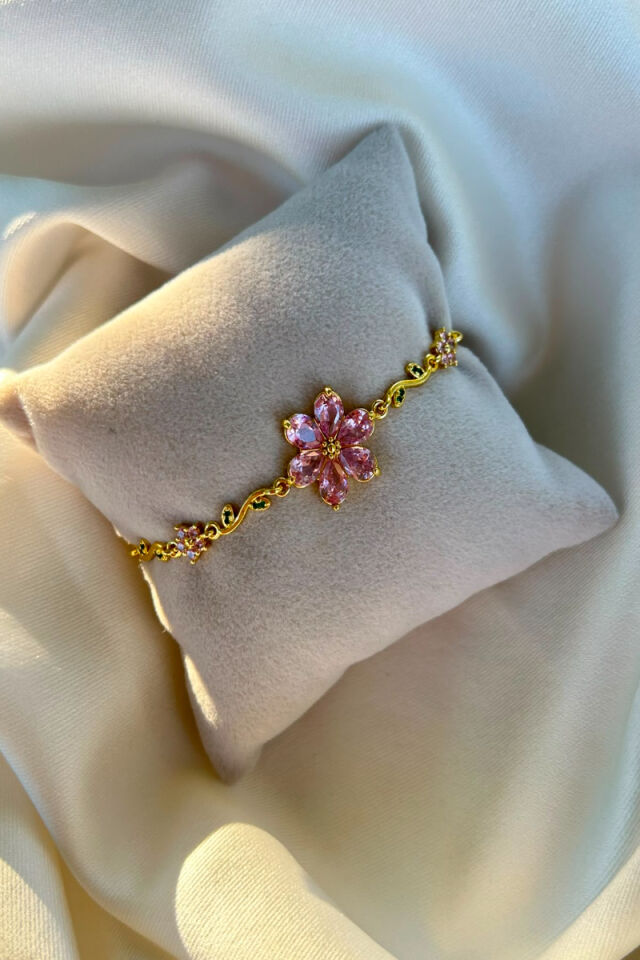 Pembe Kristal Taş Tasarım Model Çiçek Bileklik