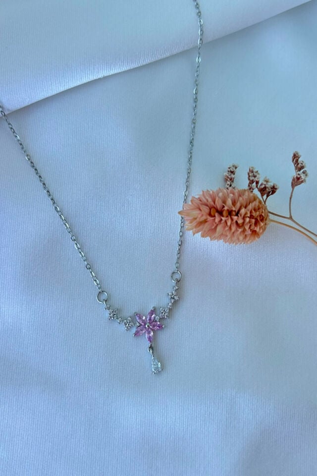 Pembe Kristal Çiçek Zarif Model Kolye(silver)