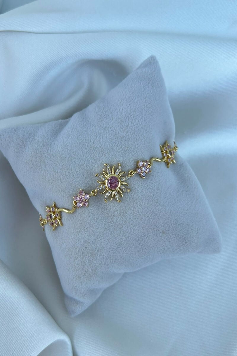 Pembe Kristal Taş Güneş Model Tasarım Bileklik